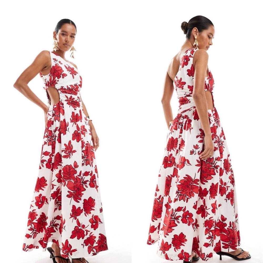 Abercrombie & Fitch White One-Shoulder Midi Dress with Red Floral Print